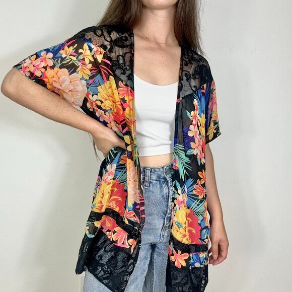 Candies Black Lace Floral Cardigan - Picture 1 of 7
